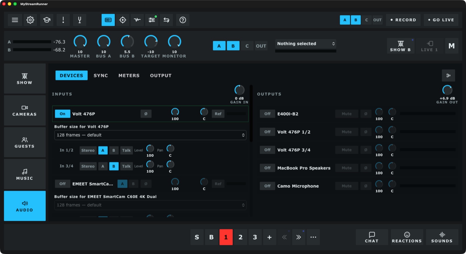 The audio page: each input assigned to channel A or B with its own level, pan and talkback
