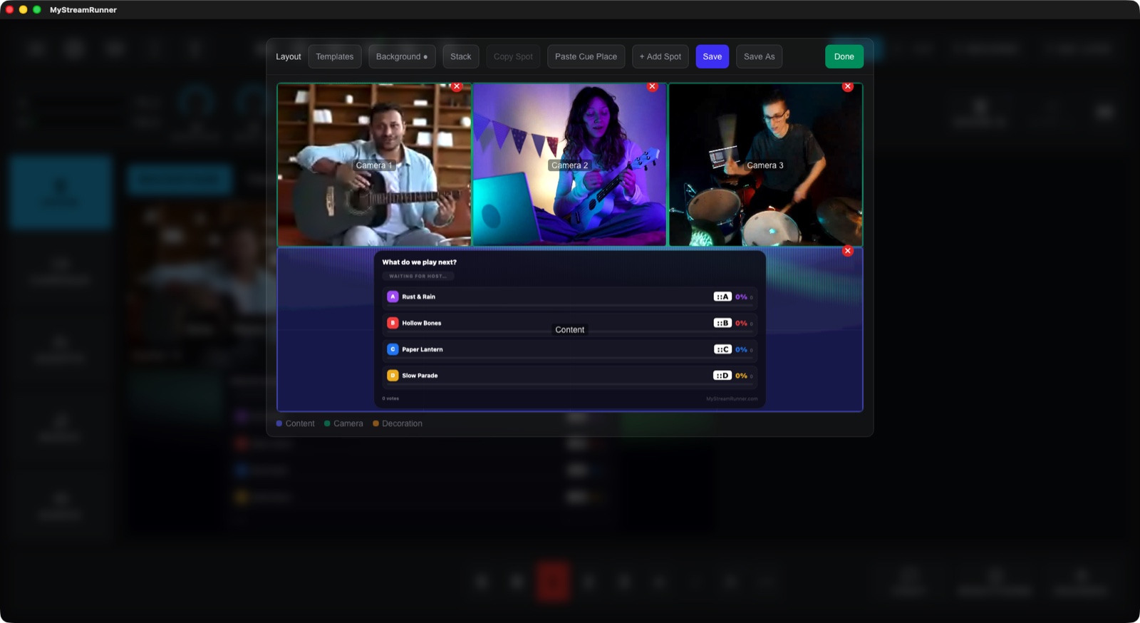 The stage layout editor with three live camera spots and a poll, and controls for corners, border, shadow and rotation