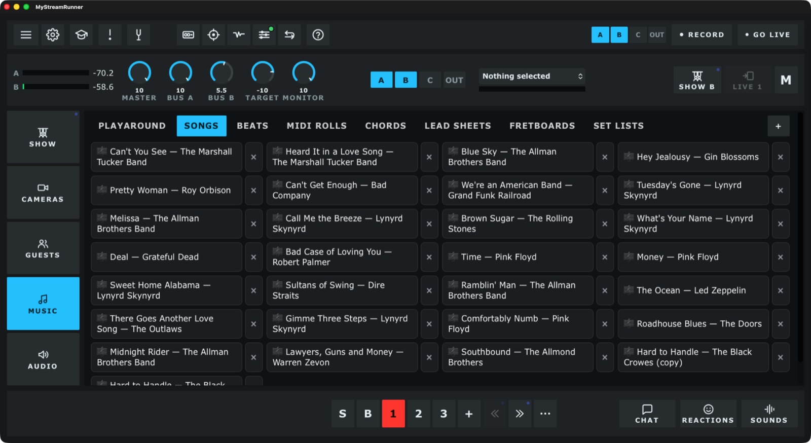 The music library listing songs, with tabs for beats, MIDI rolls, chords, lead sheets, fretboards and set lists