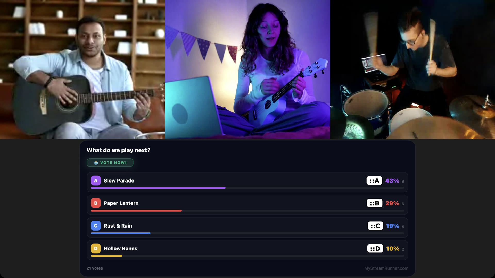 Three musicians playing together on one stage, with a live poll of song choices under them